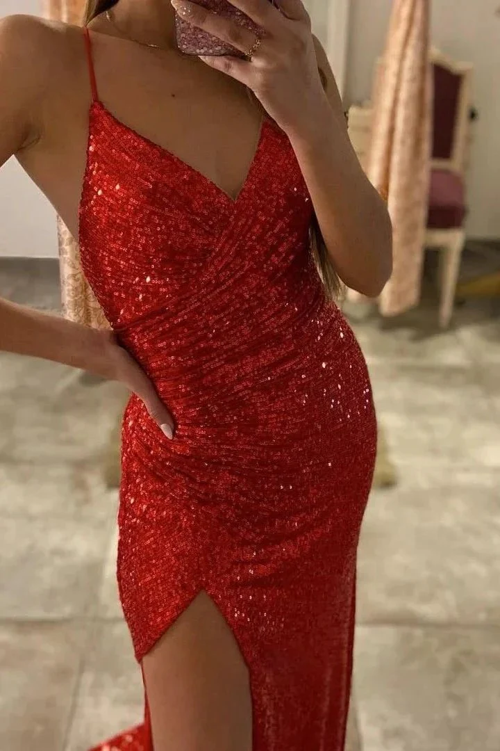 Ravishing Red Sequin Split Evening Gown with Spaghetti Straps - Image 3