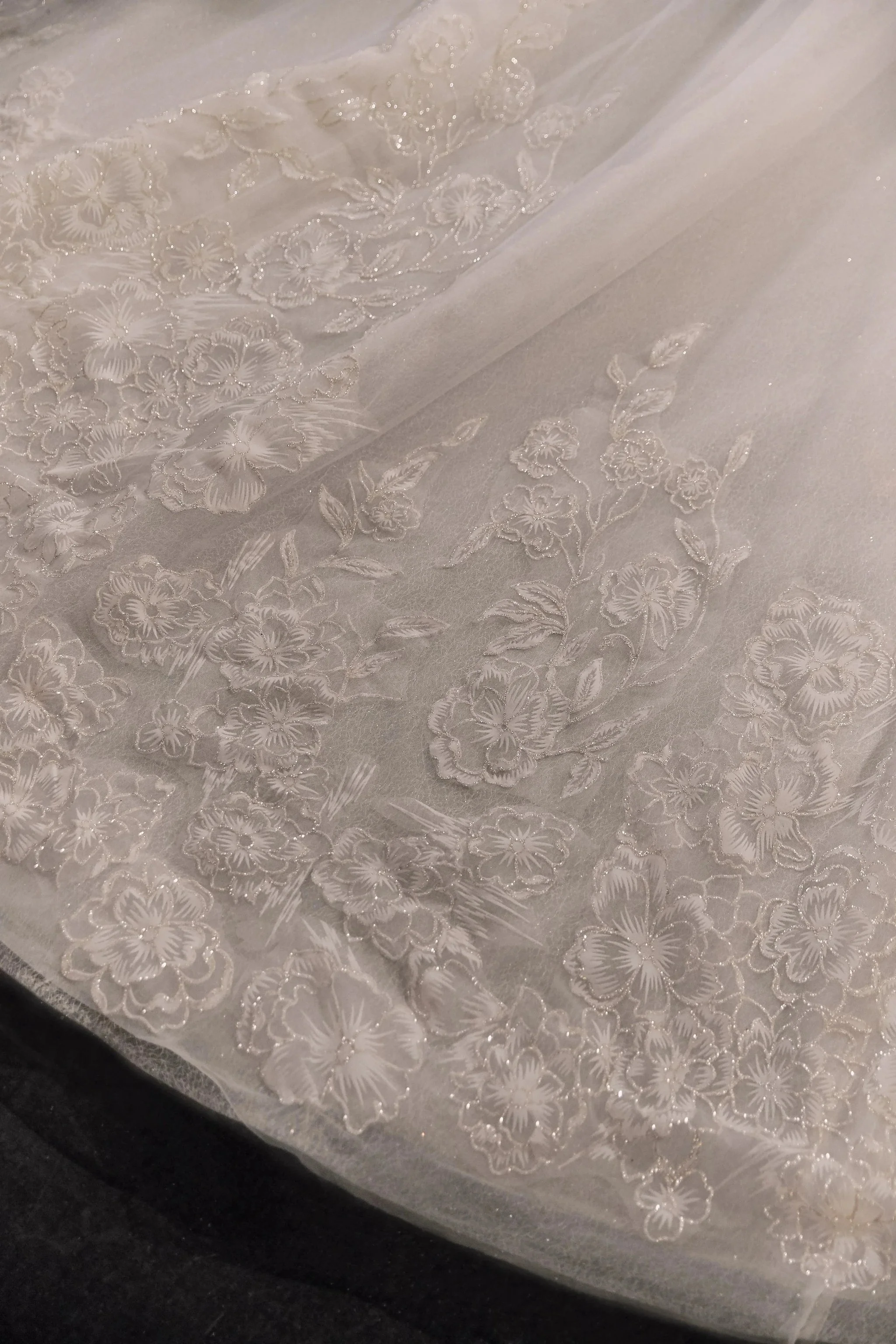 Glamorous Illusion Neckline Ball Gown Beaded Lace Fringe Trim Ruffled Train Wedding Dress E-307 - Image 10