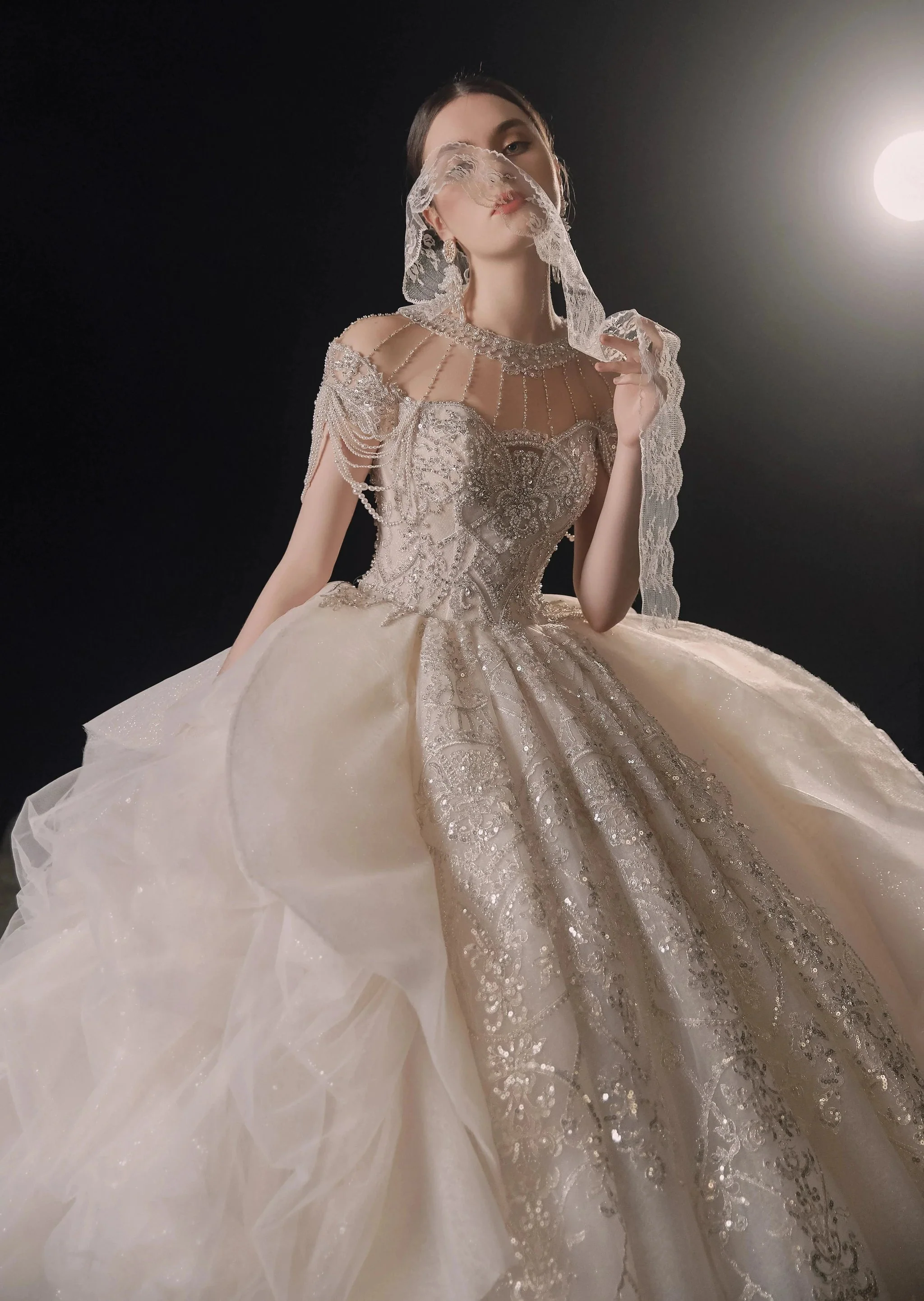 Glamorous Illusion Neckline Ball Gown Beaded Lace Fringe Trim Ruffled Train Wedding Dress E-307 - Image 2