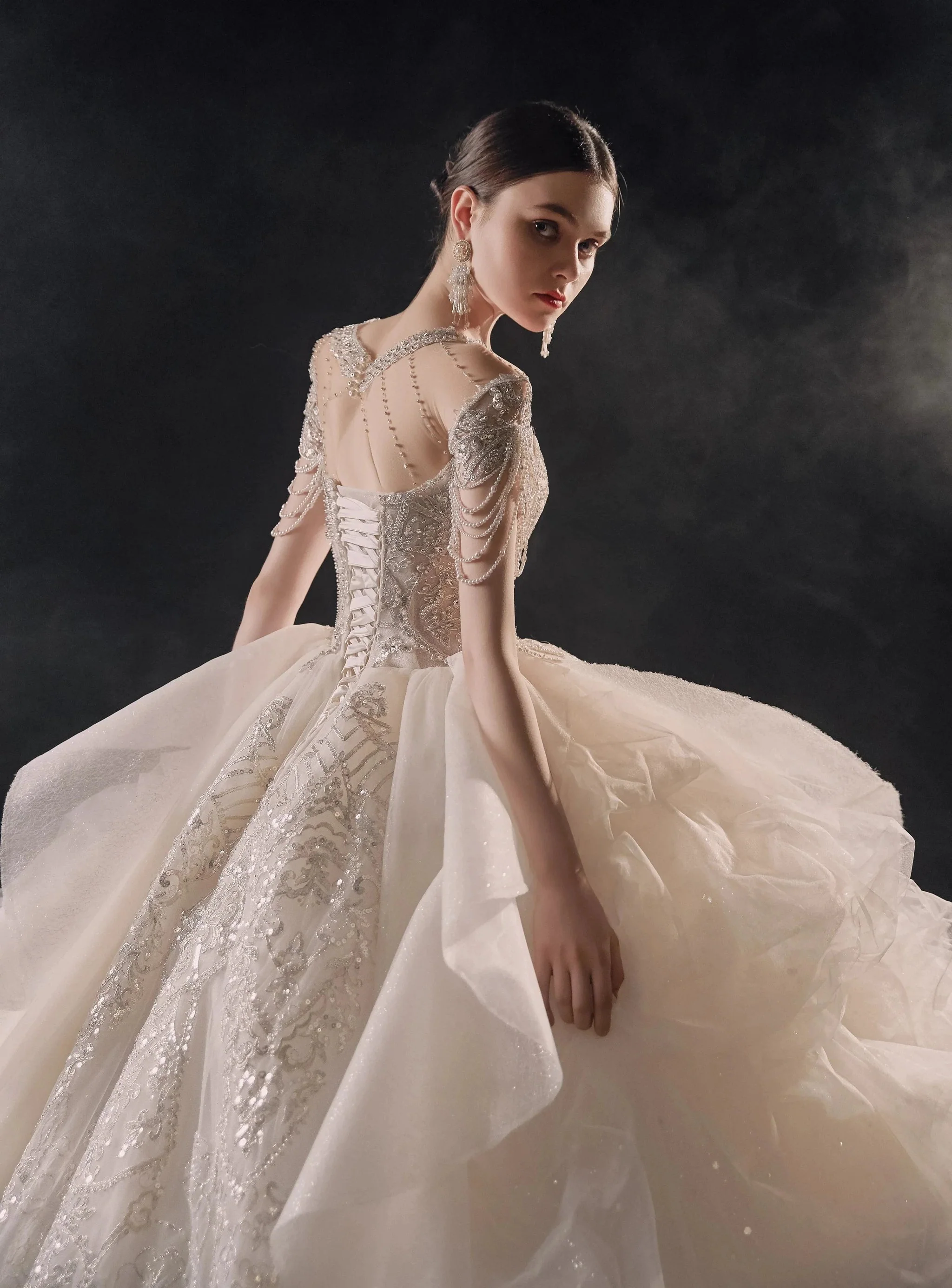 Glamorous Illusion Neckline Ball Gown Beaded Lace Fringe Trim Ruffled Train Wedding Dress E-307 - Image 3