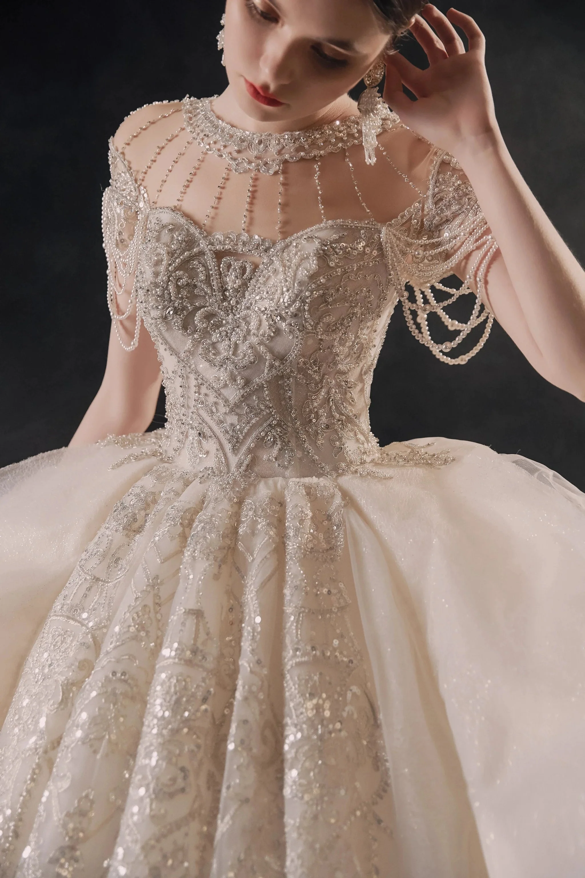 Glamorous Illusion Neckline Ball Gown Beaded Lace Fringe Trim Ruffled Train Wedding Dress E-307 - Image 4