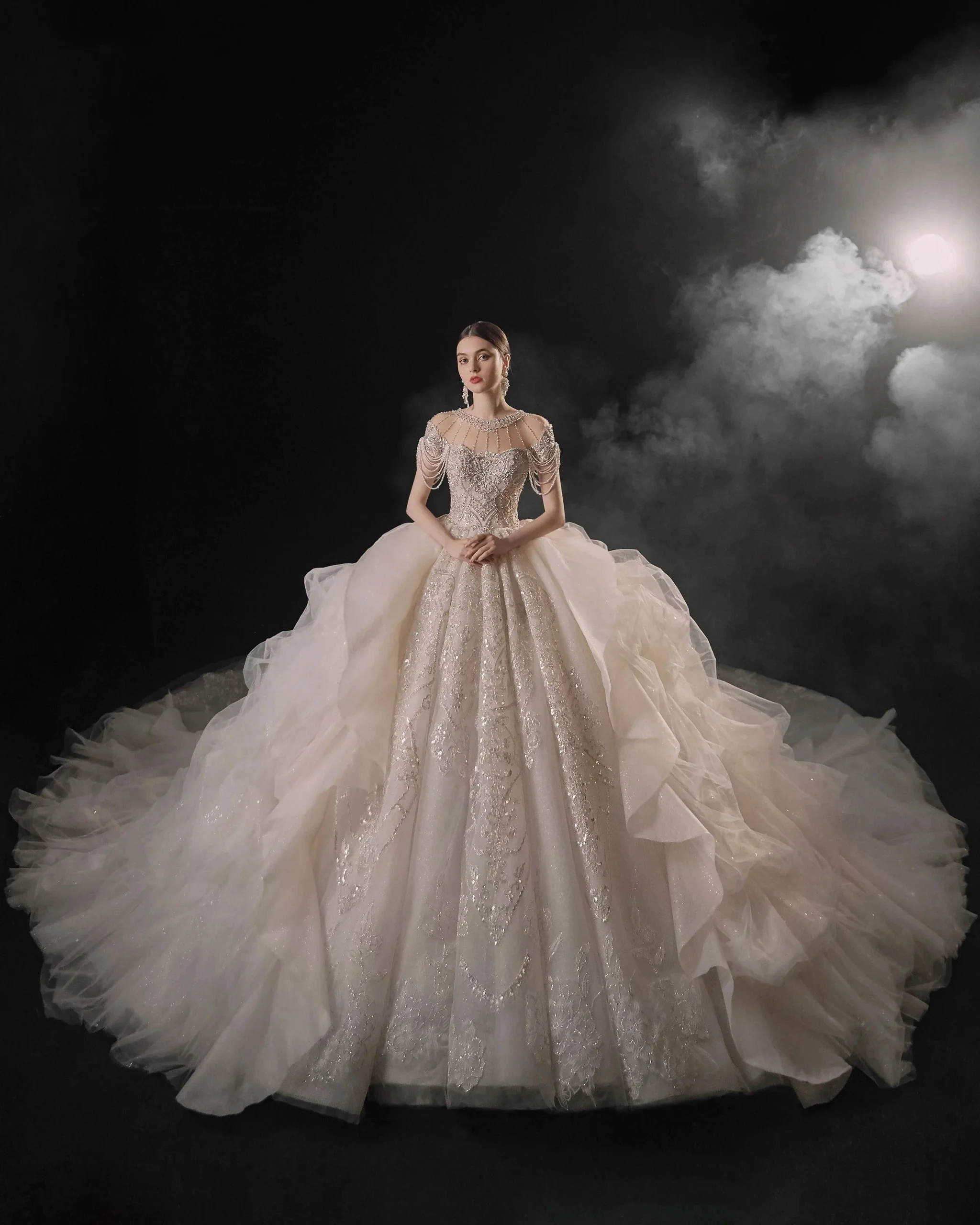 Glamorous Illusion Neckline Ball Gown Beaded Lace Fringe Trim Ruffled Train Wedding Dress E-307 - Image 5