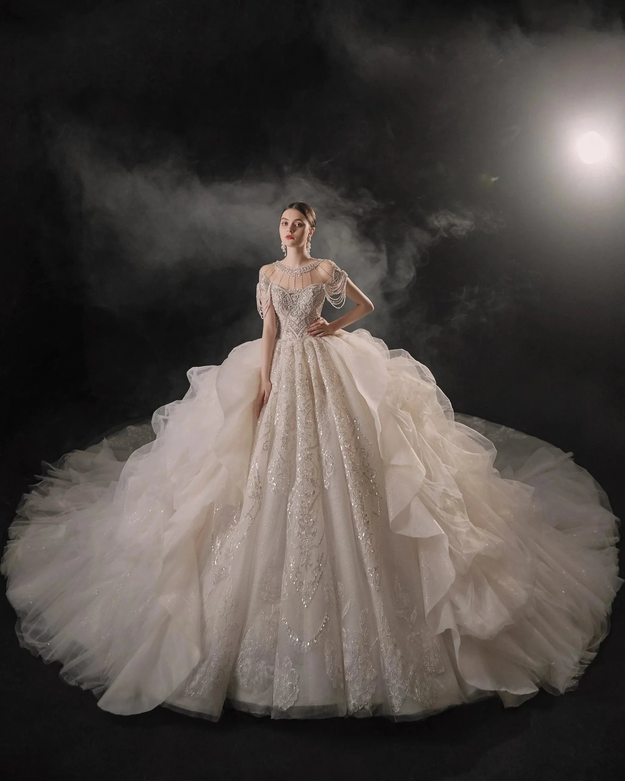 Glamorous Illusion Neckline Ball Gown Beaded Lace Fringe Trim Ruffled Train Wedding Dress E-307 - Image 6