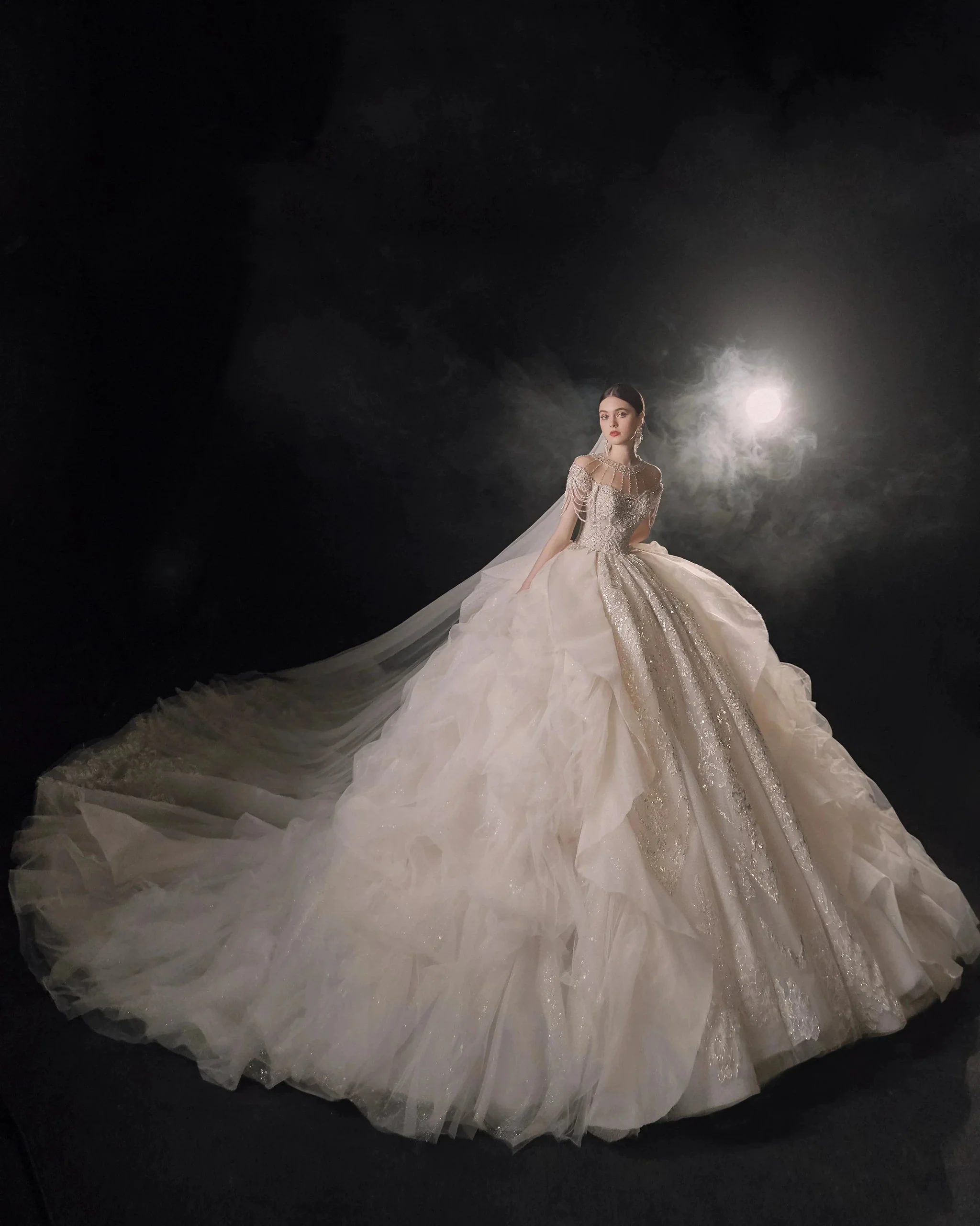 Glamorous Illusion Neckline Ball Gown Beaded Lace Fringe Trim Ruffled Train Wedding Dress E-307 - Image 7