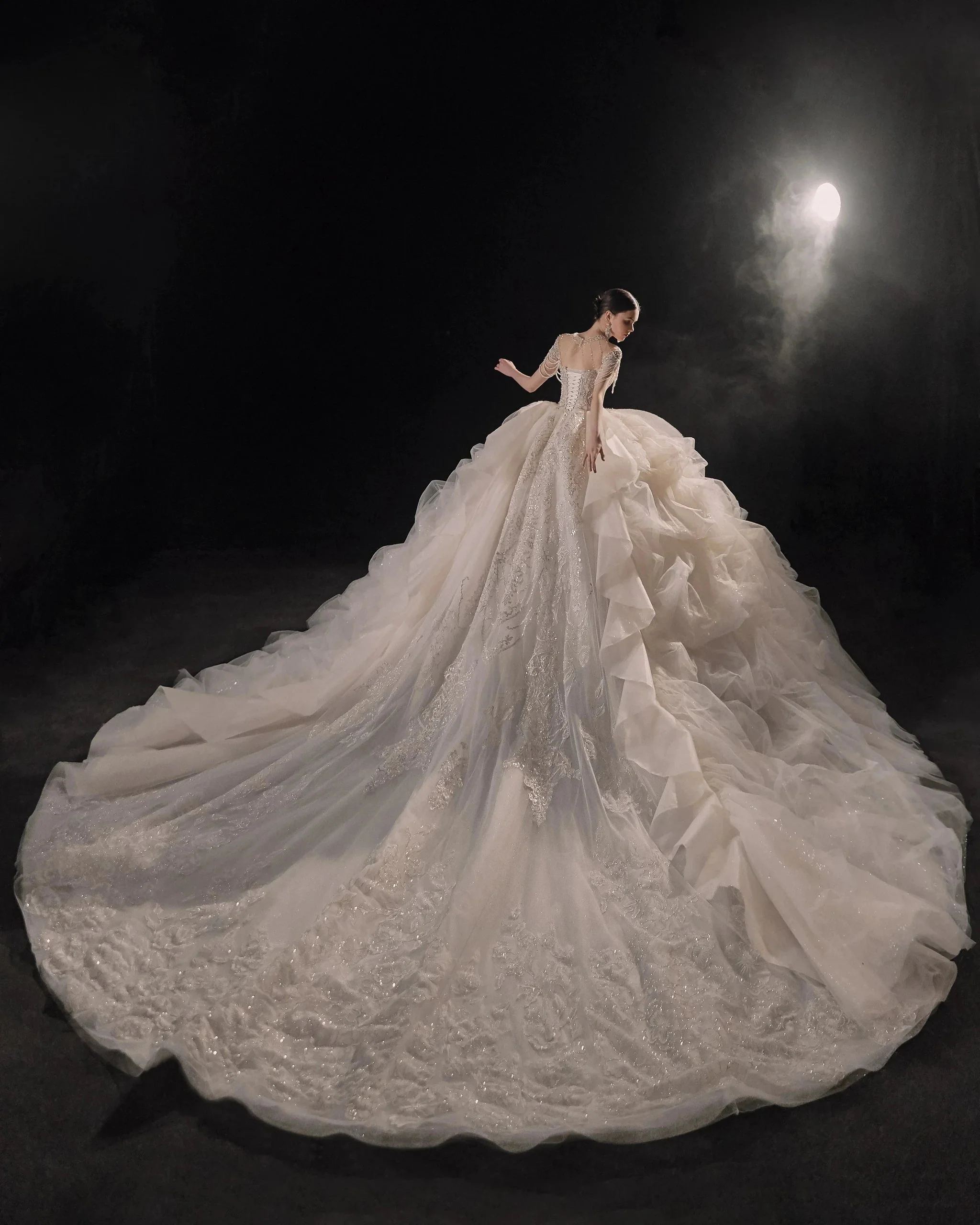 Glamorous Illusion Neckline Ball Gown Beaded Lace Fringe Trim Ruffled Train Wedding Dress E-307 - Image 8