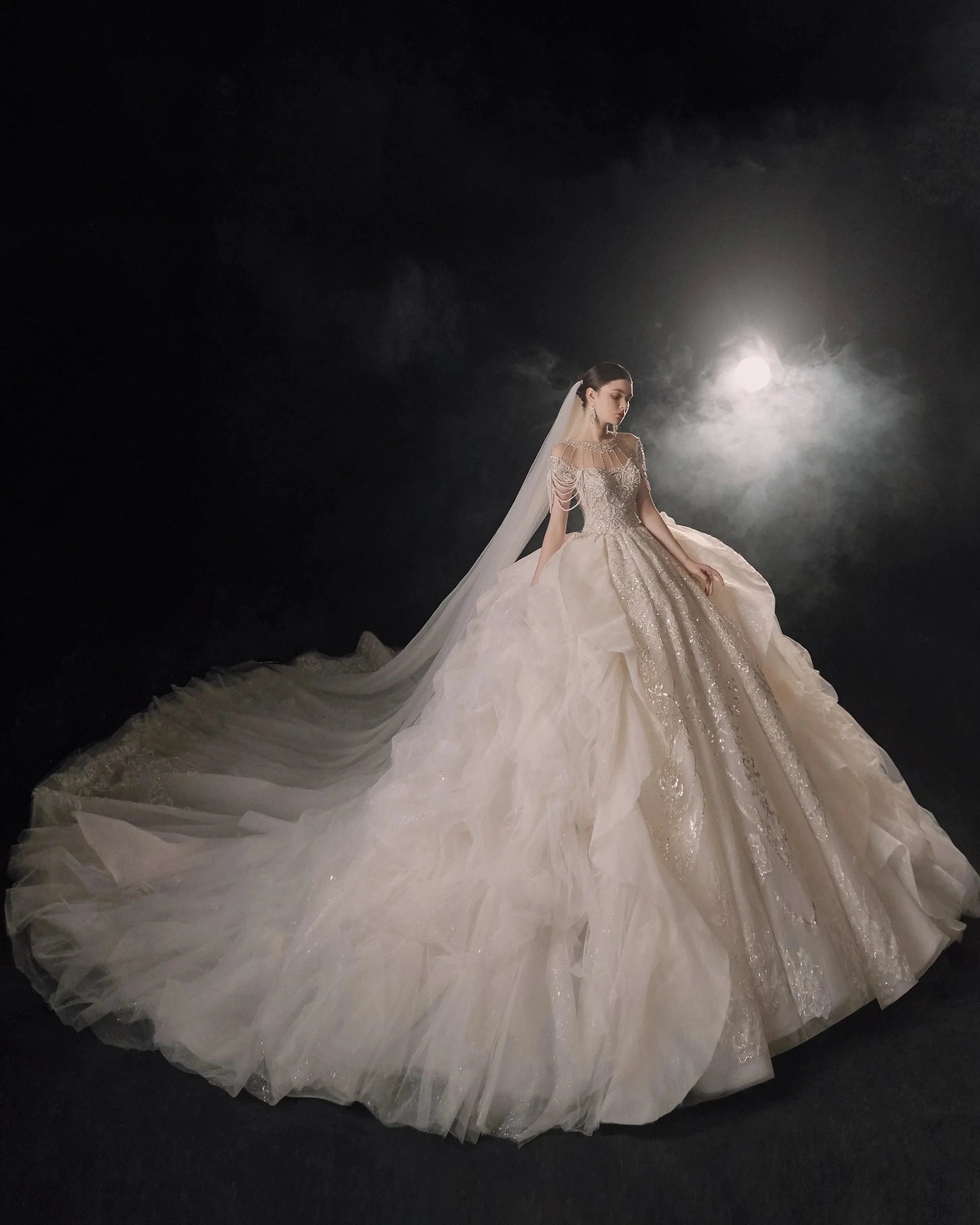 Glamorous Illusion Neckline Ball Gown Beaded Lace Fringe Trim Ruffled Train Wedding Dress E-307 - Image 9