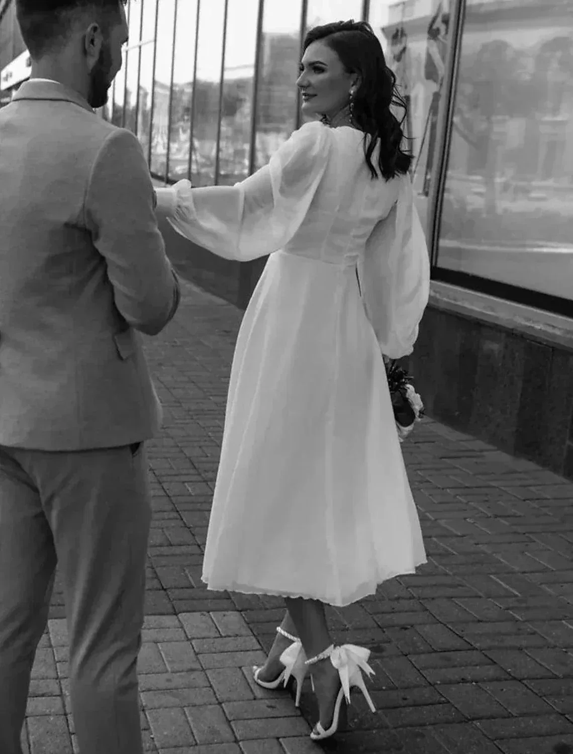 Reception Little White Dresses Wedding Dresses A-Line V Neck Long Sleeve Ankle Length Chiffon Bridal Gowns With Solid Color - Image 2