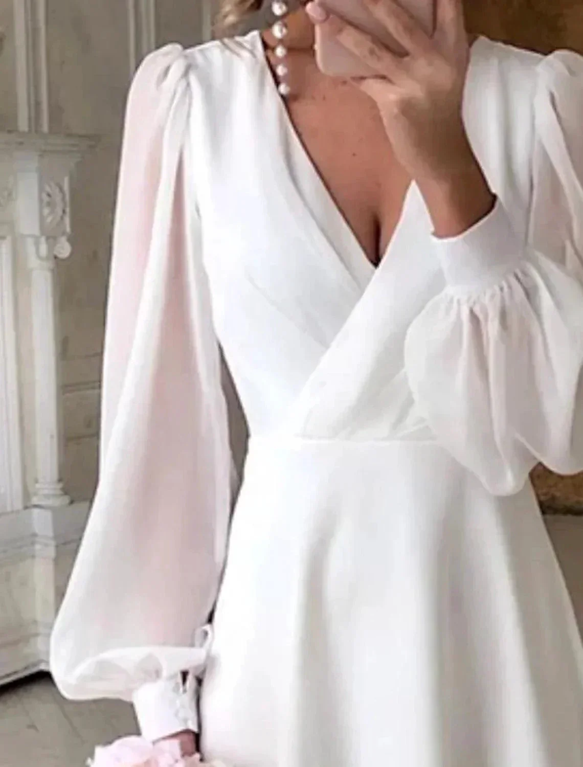 Reception Little White Dresses Wedding Dresses A-Line V Neck Long Sleeve Ankle Length Chiffon Bridal Gowns With Solid Color - Image 4
