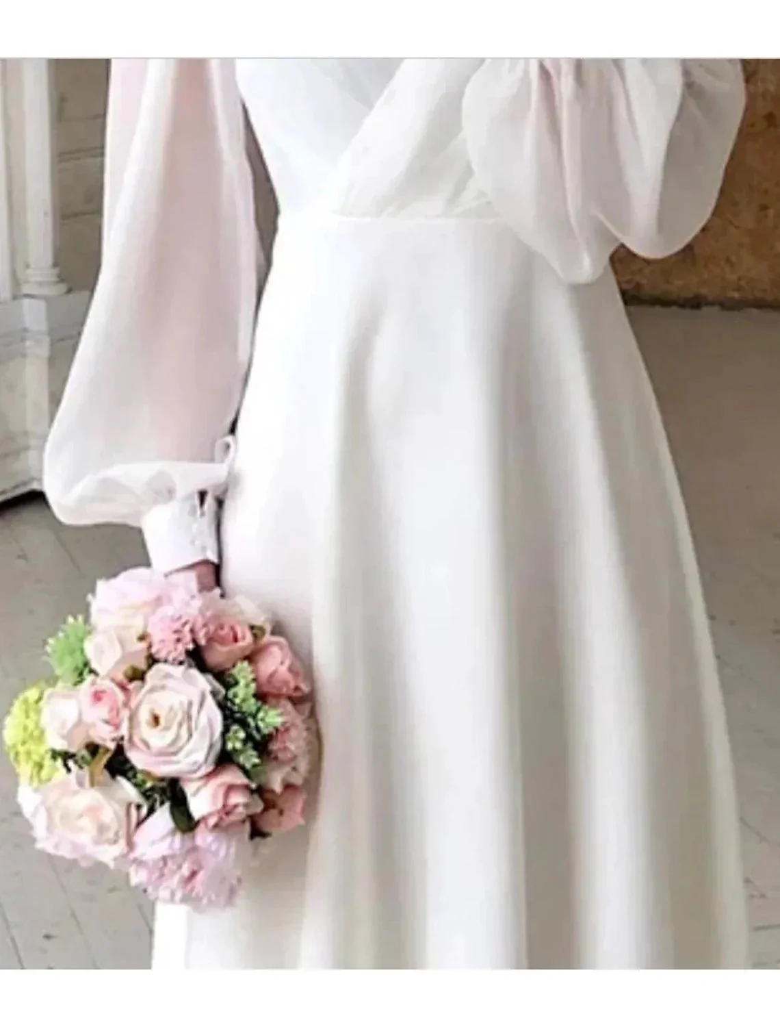 Reception Little White Dresses Wedding Dresses A-Line V Neck Long Sleeve Ankle Length Chiffon Bridal Gowns With Solid Color - Image 5