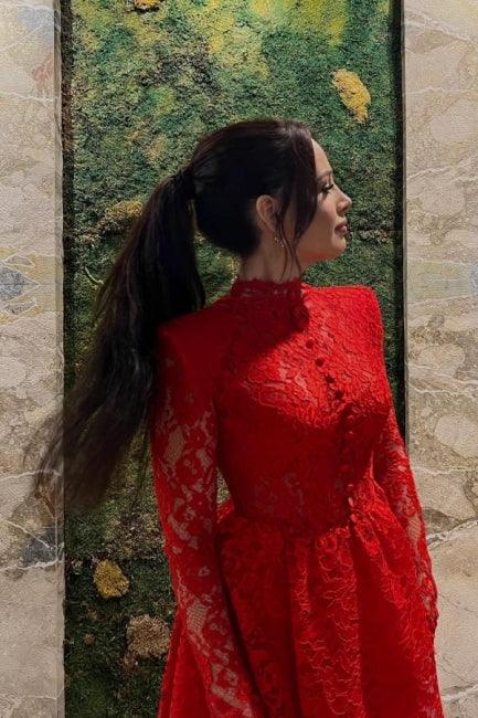 Red A-Line Short Lace Long Sleeve Cocktail Dress Party Dresses - Image 2
