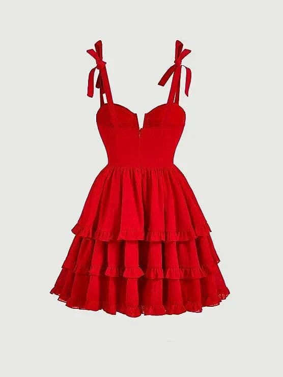 Red A-line Tie Shoulder Ruffle Hem Homecoming Dress Y2720 - Image 2
