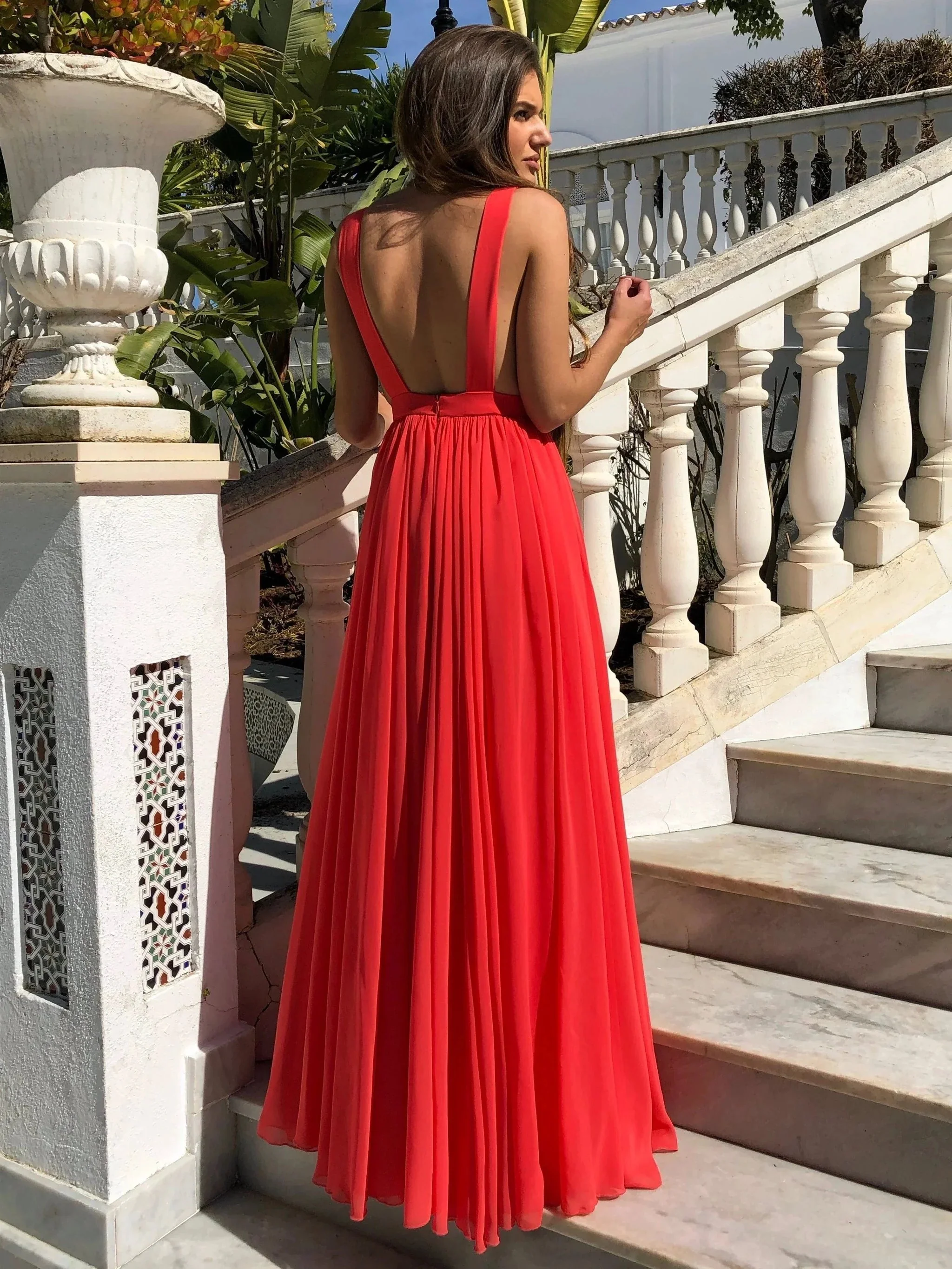 Red A Line V Neck Floor Length Chiffon Backless Long Prom Formal Evening Dresses - Image 2