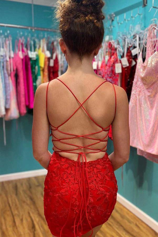 Red Appliques Plunge V Neckline Lace Up Homecoming Dress PD465 - Image 2