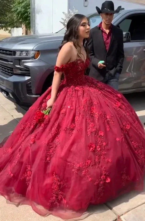 Red Ball Gown Quinceanera Dresses 3D Flowers 16 Birthday Princess Dress Y6469 - Image 2