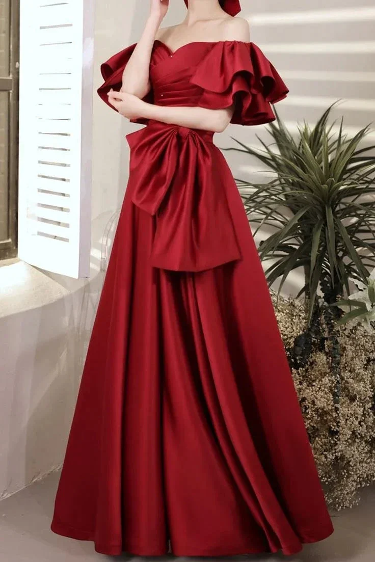 Red Ball Gown with Bell Sleeves and Lace UP Back Y6067 - Image 2