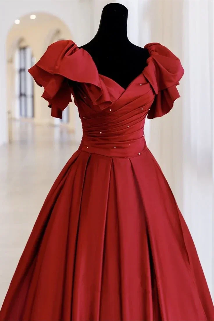 Red Ball Gown with Bell Sleeves and Lace UP Back Y6067 - Image 4
