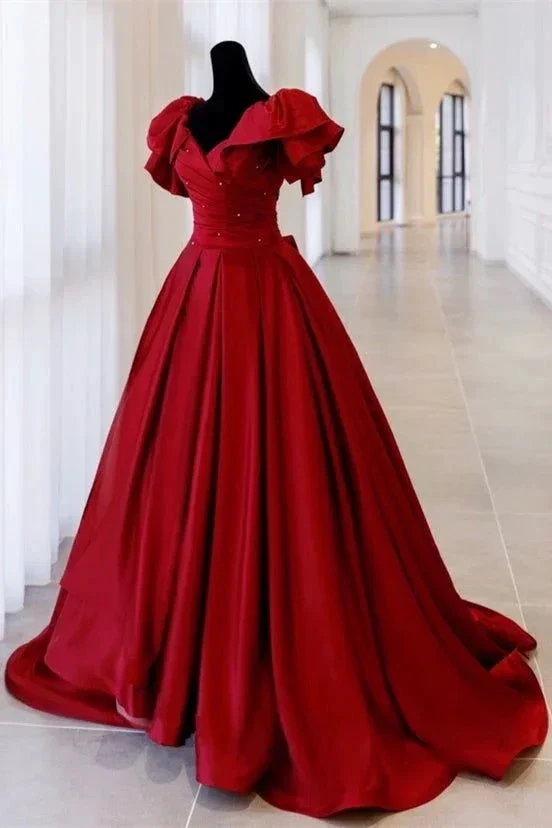 Red Ball Gown with Bell Sleeves and Lace UP Back Y6067 - Image 5