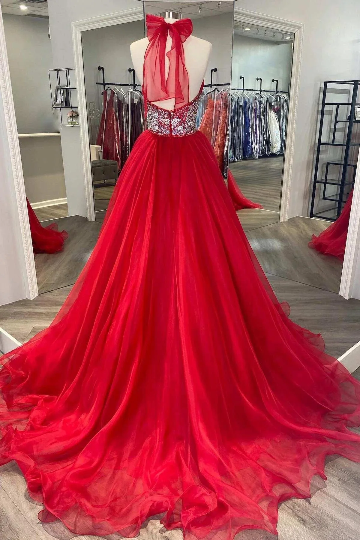 Red Beaded Halter Backless A-Line Long Prom Gown - Image 2