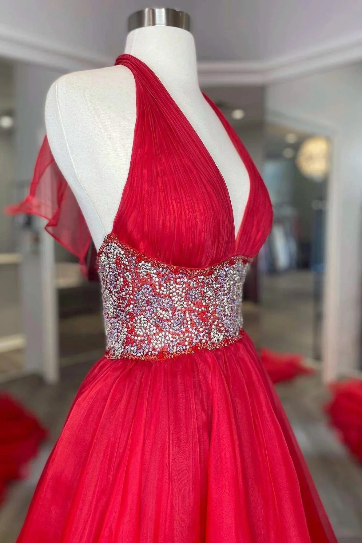 Red Beaded Halter Backless A-Line Long Prom Gown - Image 3