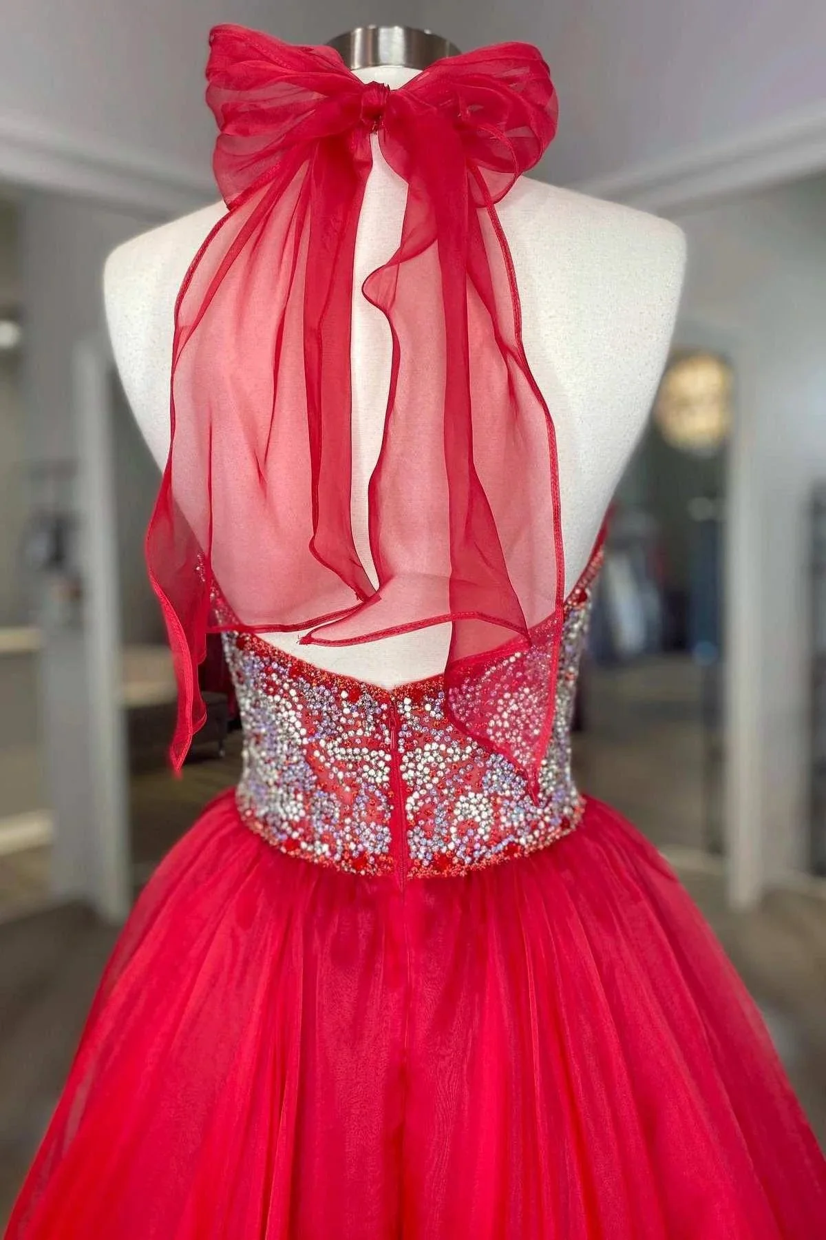 Red Beaded Halter Backless A-Line Long Prom Gown - Image 4