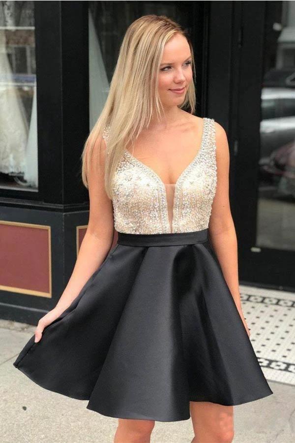 Red Beaded Satin Homecoming Dresses with Pocket Short Prom Dresses PD290 - Image 5
