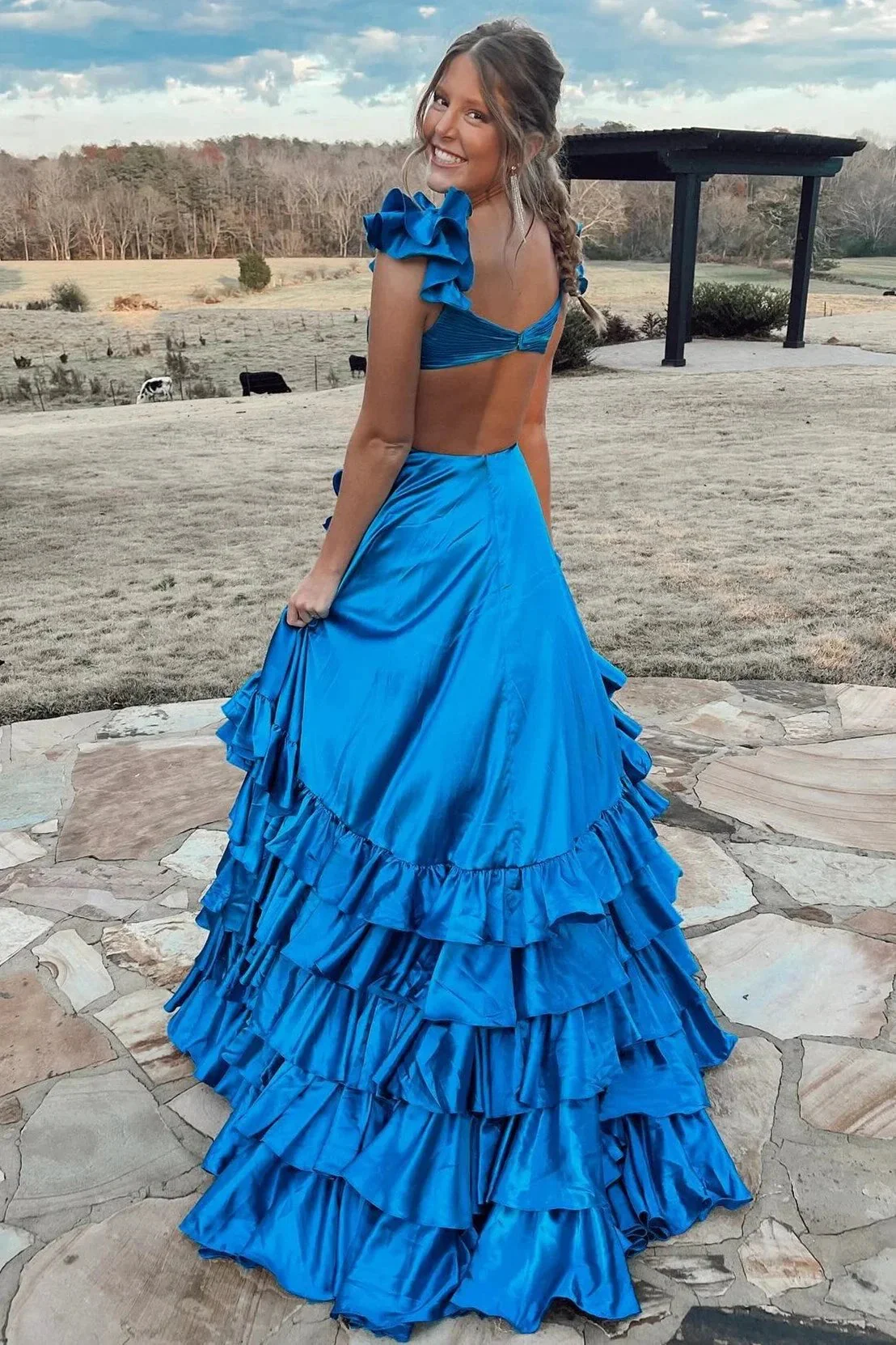 Brittany | Red Cutout Ruffle A-Line Long Prom Dress with Slit - Image 10