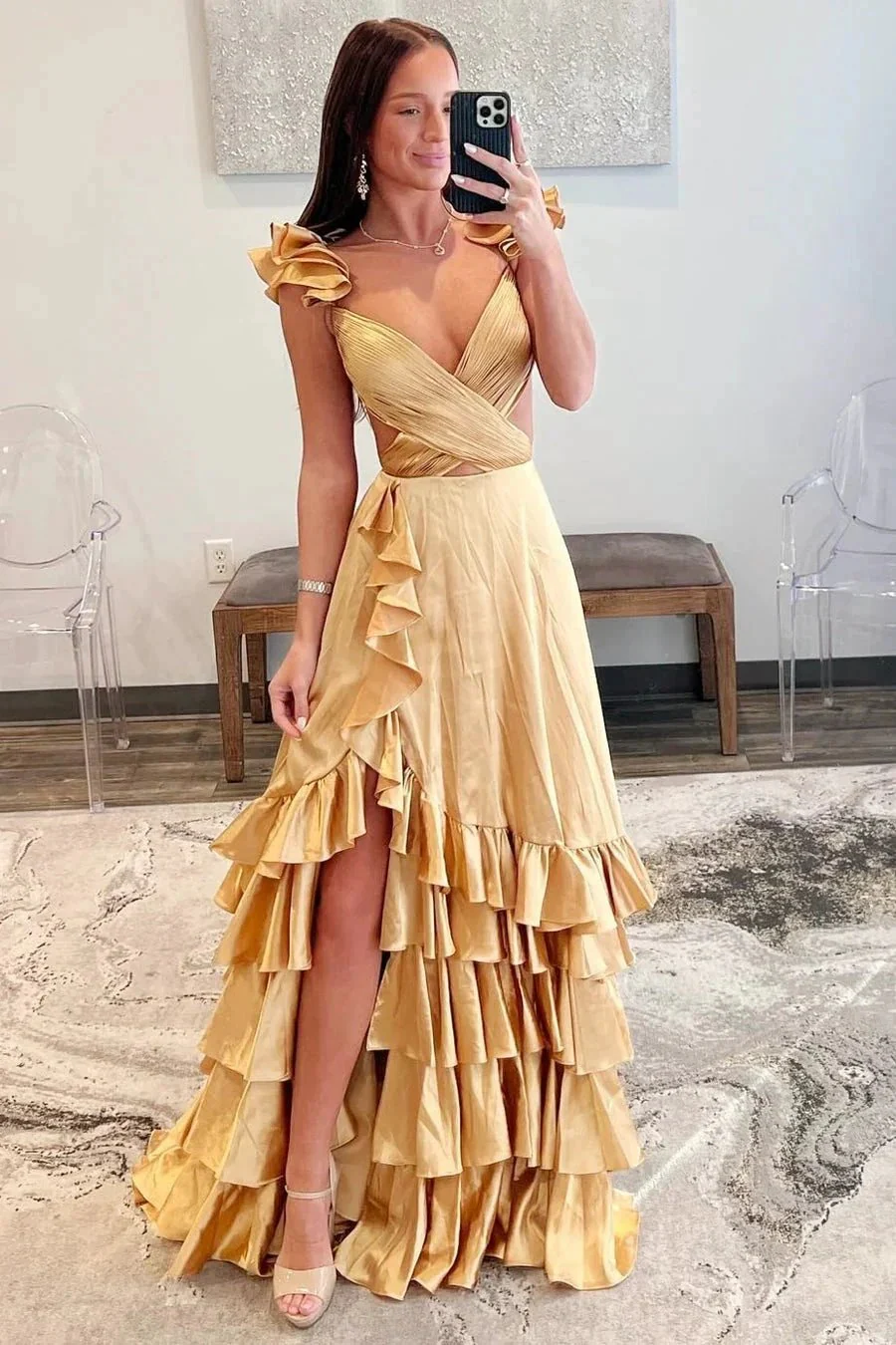 Brittany | Red Cutout Ruffle A-Line Long Prom Dress with Slit - Image 11