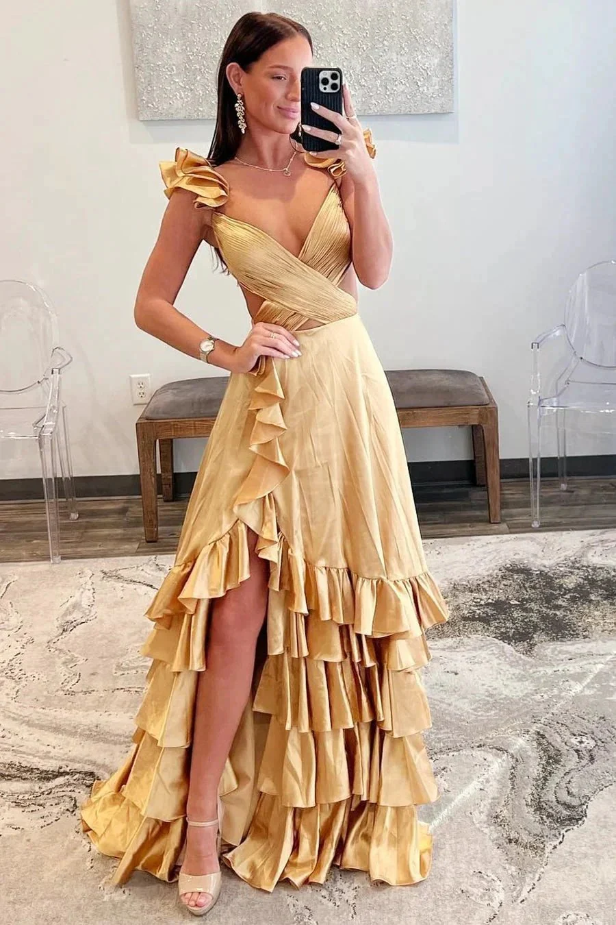 Brittany | Red Cutout Ruffle A-Line Long Prom Dress with Slit - Image 12