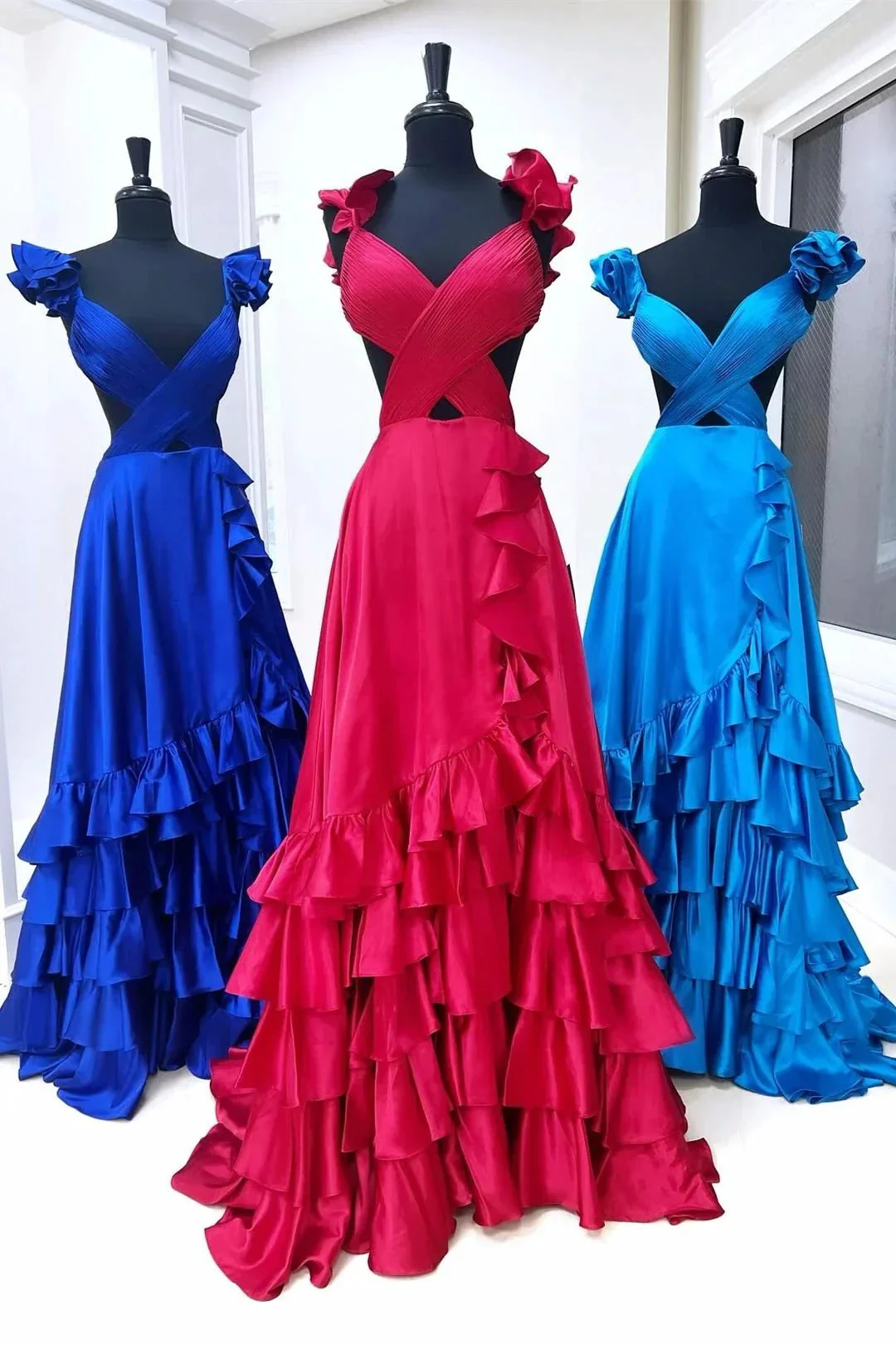 Brittany | Red Cutout Ruffle A-Line Long Prom Dress with Slit - Image 15