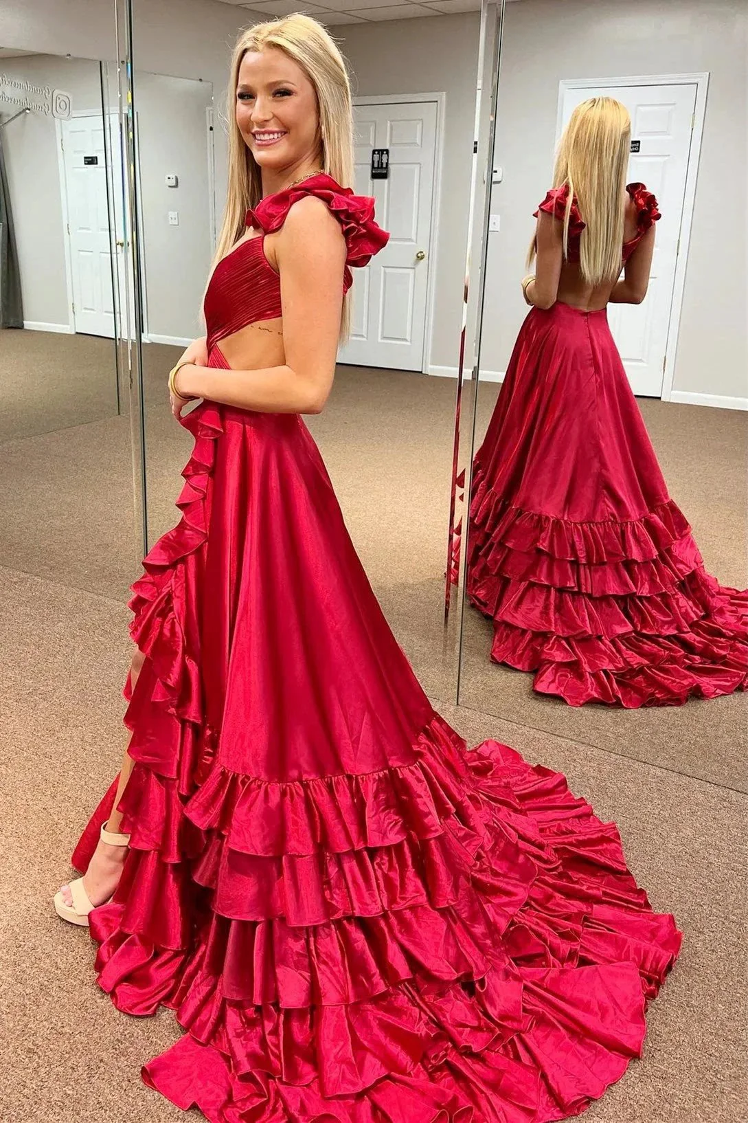 Brittany | Red Cutout Ruffle A-Line Long Prom Dress with Slit - Image 4