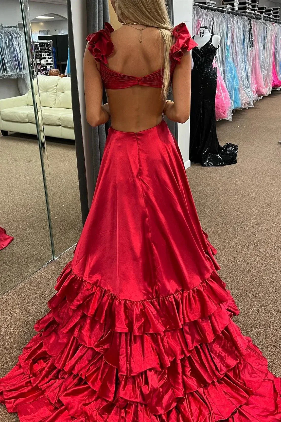 Brittany | Red Cutout Ruffle A-Line Long Prom Dress with Slit - Image 5