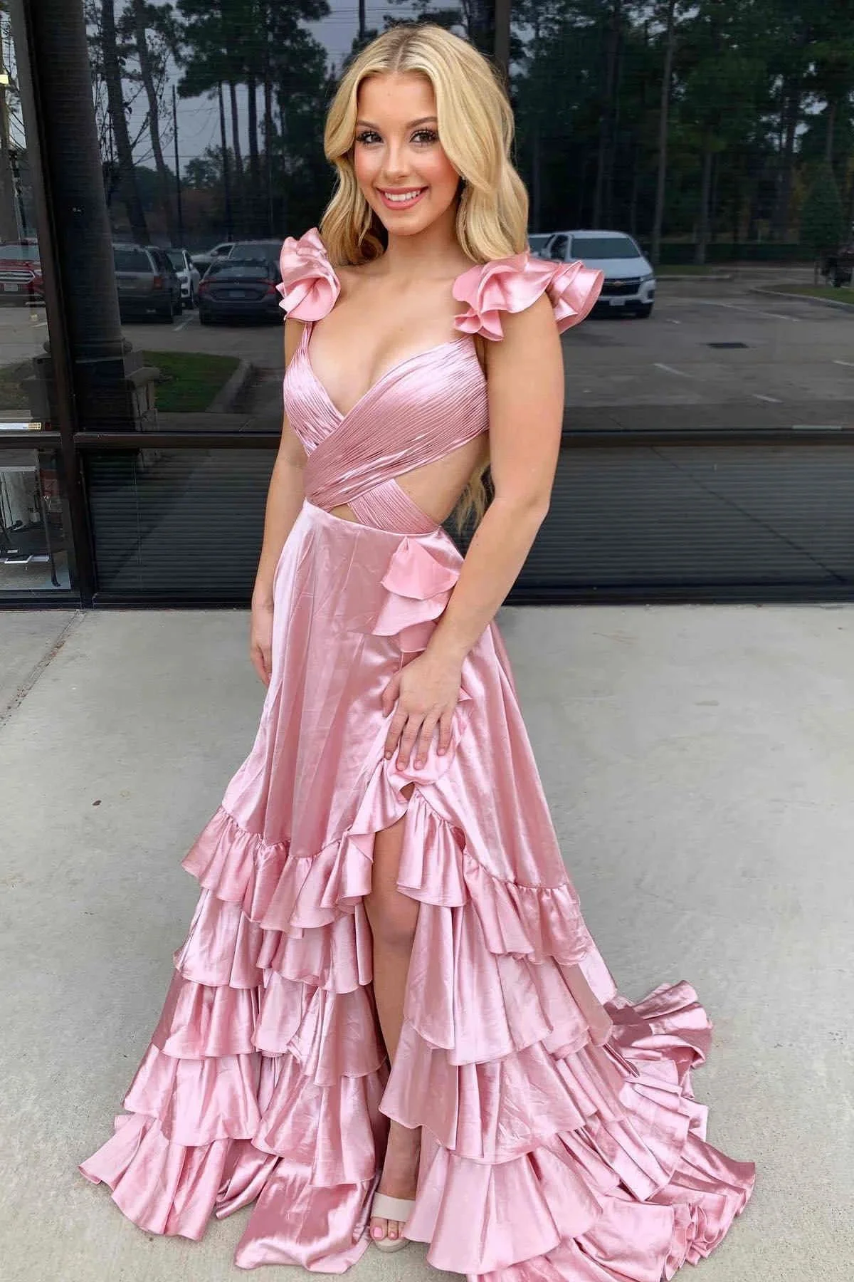 Brittany | Red Cutout Ruffle A-Line Long Prom Dress with Slit - Image 6