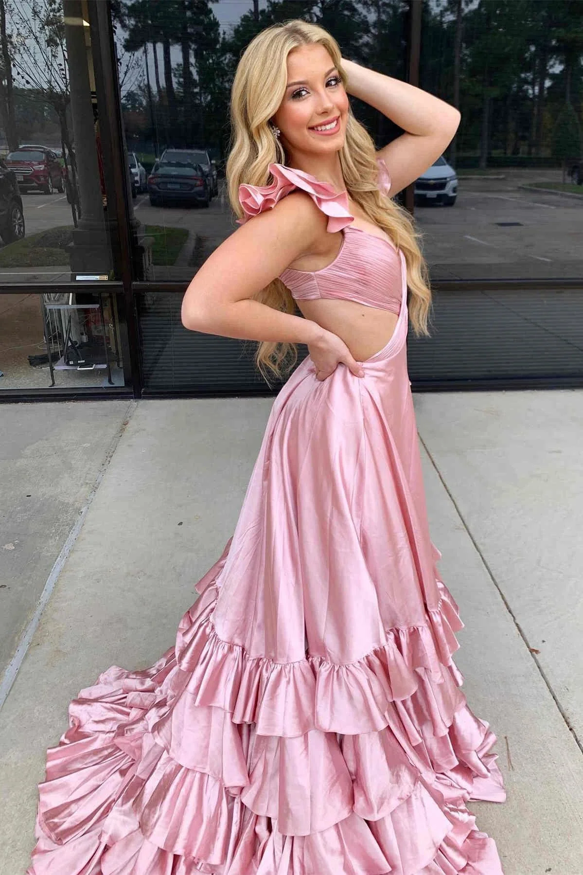 Brittany | Red Cutout Ruffle A-Line Long Prom Dress with Slit - Image 7