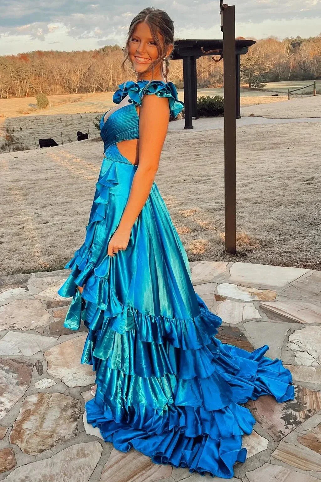 Brittany | Red Cutout Ruffle A-Line Long Prom Dress with Slit - Image 9