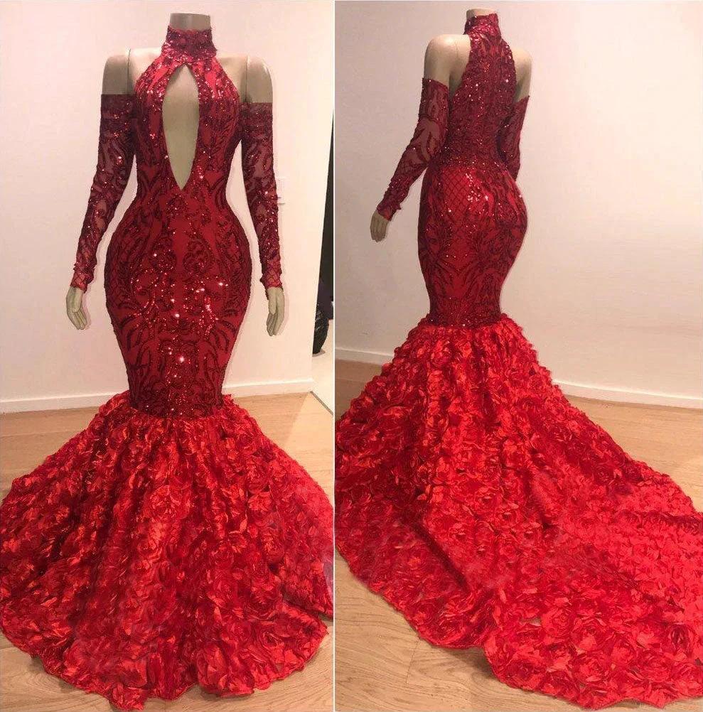 Red Floral Mermaid High Neck Long Sleeve Prom Dresses - Image 2