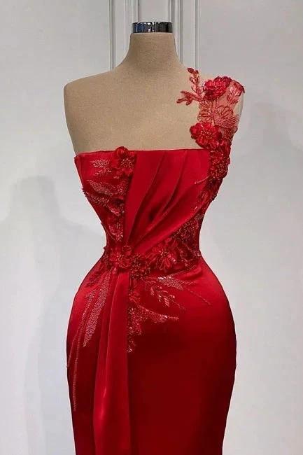 Red Flowers One Shoulder Sleeveless Floor-length Prom Dresses - Image 2