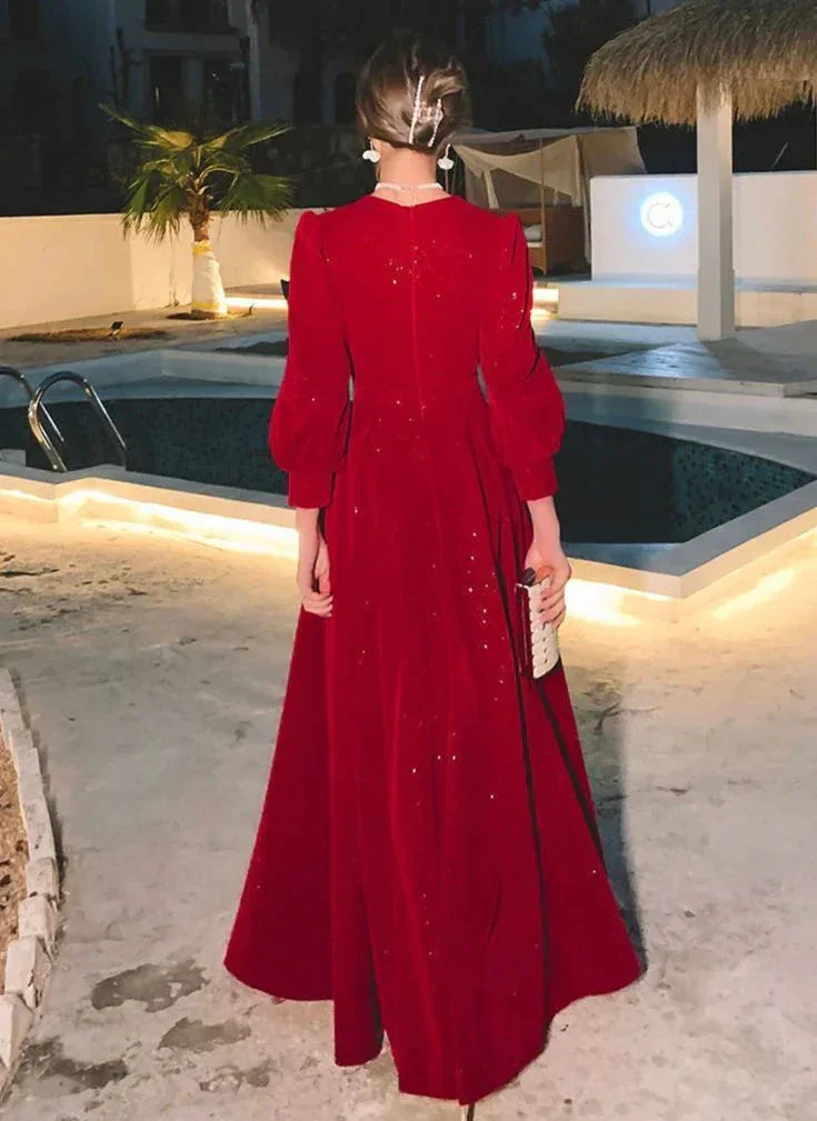 Red Glitter Modest Prom Dress Muslim Formal Evening Dress Fashion Dress Y4976 - Image 2