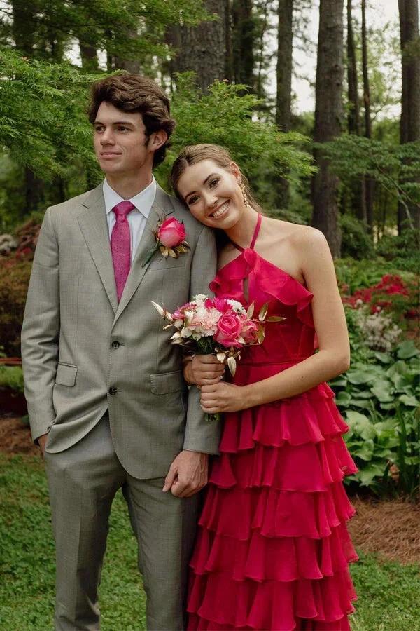 Halter Keyhole Ruffle Tiered Prom Dress with Slit - Image 3