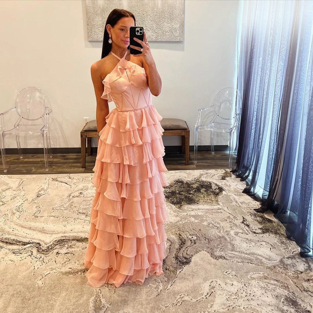 Halter Keyhole Ruffle Tiered Prom Dress with Slit - Image 4
