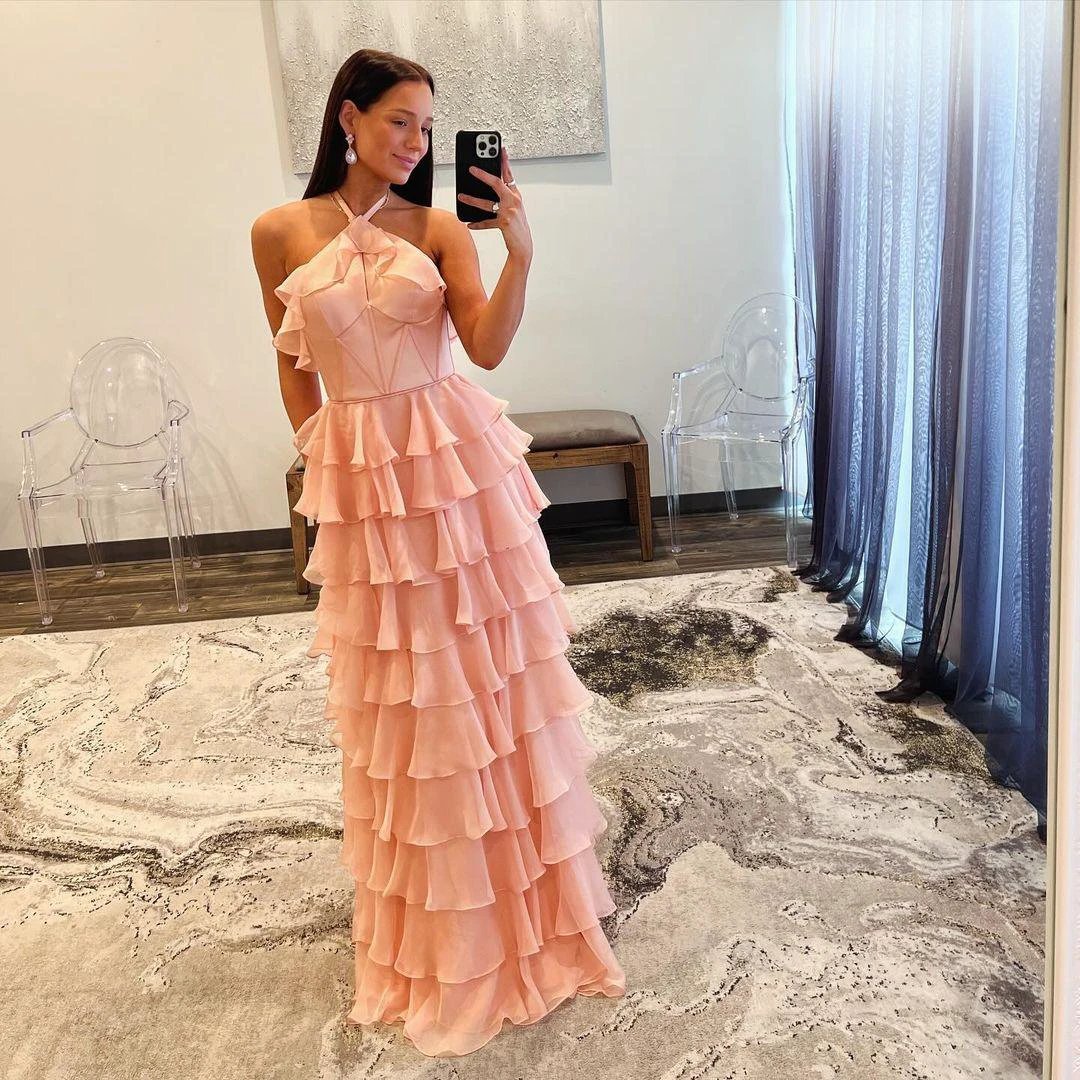 Halter Keyhole Ruffle Tiered Prom Dress with Slit - Image 5