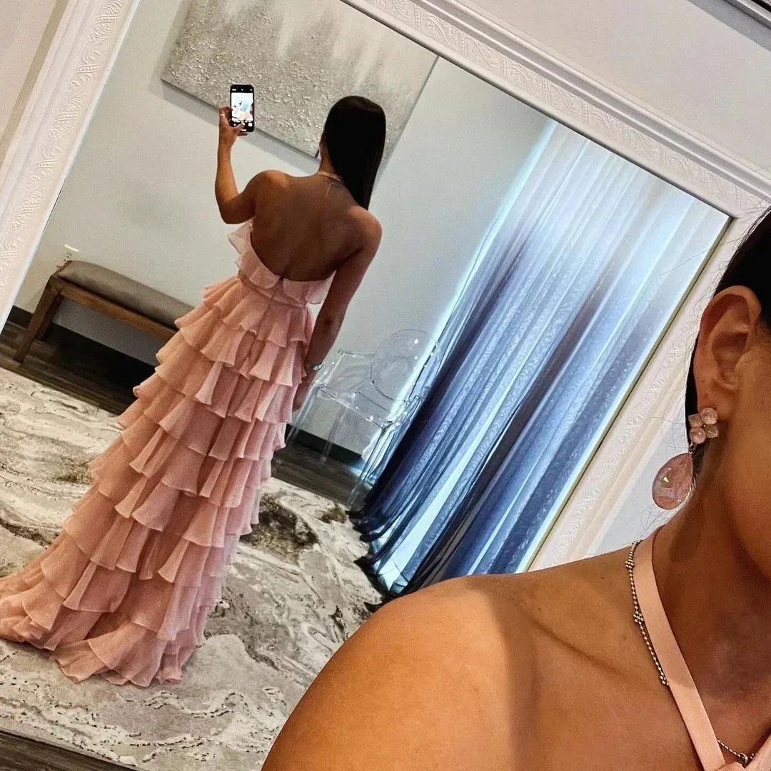 Halter Keyhole Ruffle Tiered Prom Dress with Slit - Image 6