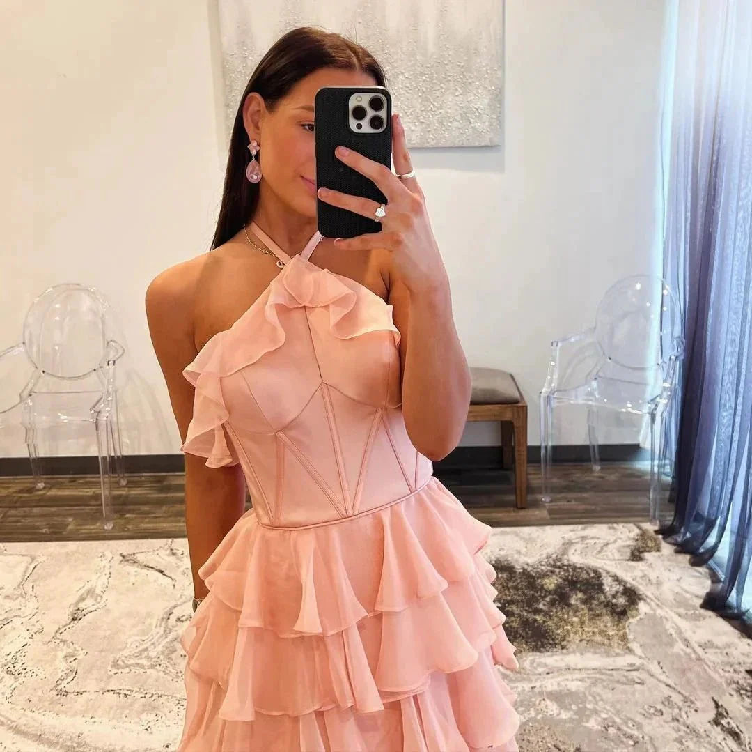 Halter Keyhole Ruffle Tiered Prom Dress with Slit - Image 7