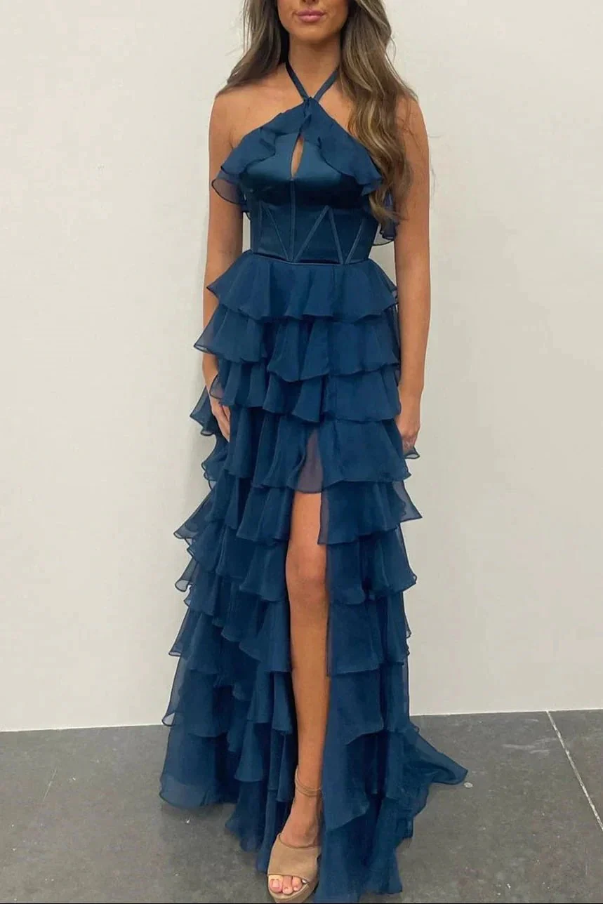 Halter Keyhole Ruffle Tiered Prom Dress with Slit - Image 8