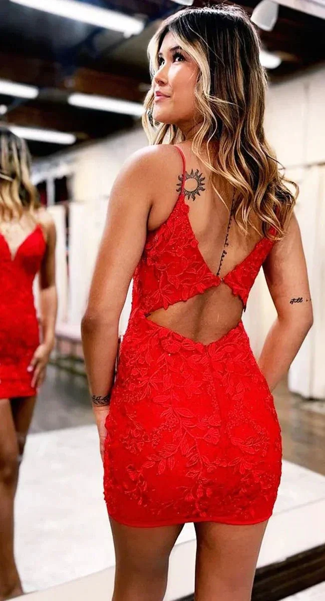Red Lace Appliques Homecoming Dresses Tight Short Spaghetti Straps Dress for Teens Cocktail Gown Y2493 - Image 2