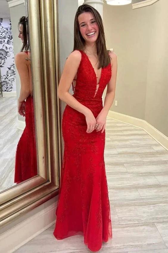 Red Lace Appliques Mermaid Deep V Neck Long Prom Dresses, Evening Dress Y369 - Image 2