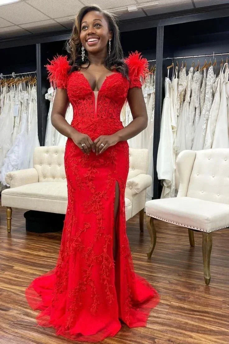 Red Lace Mermaid Prom Dress With Split Red Evening Dress Y5721 - Image 2