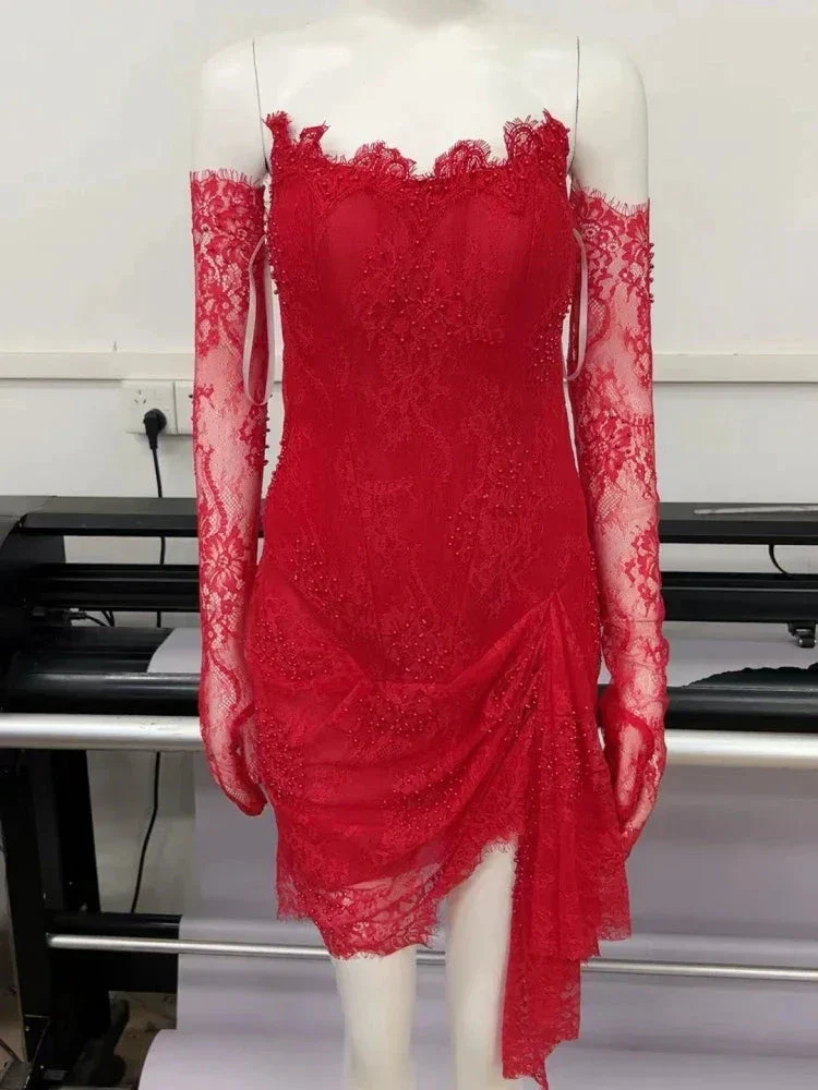 Red Lace Mini Homecoming Dress Red Party Gown Y7387 - Image 4