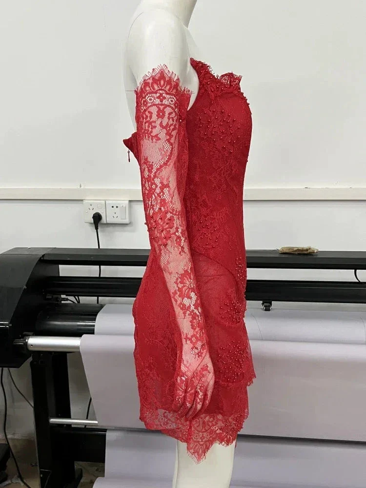 Red Lace Mini Homecoming Dress Red Party Gown Y7387 - Image 5
