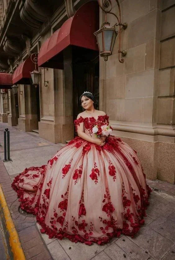 Red Lace Quinceanera Dress Ball Gown Off Shoulder Sweet 16 Party Dress Y6424 - Image 2