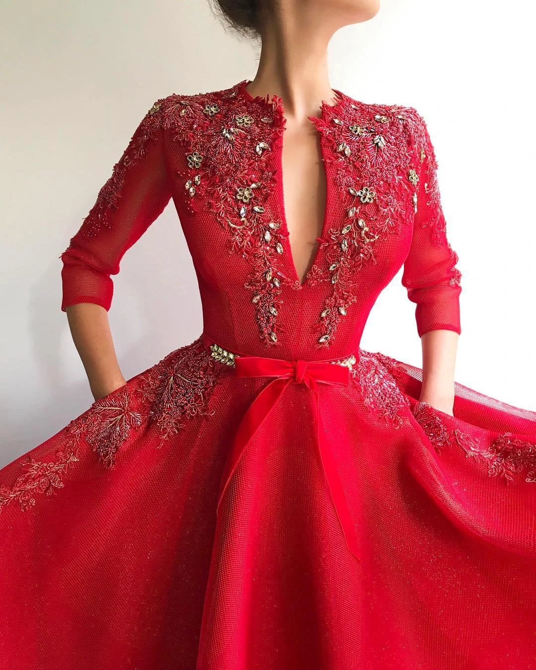 Red Long A-line Deep V-neck Tulle Prom Dress with Sleeves - Image 2